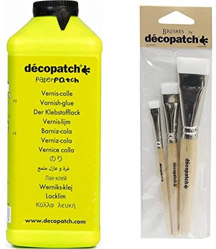 Décopatch PP600AO - Un pot de Vernis colle PaperPatch 600 ml & PACK3PCO - Un lot de 3 pinceaux en nylon (largeur : 1x1cm + 1x1,7 cm + 1x3 cm)