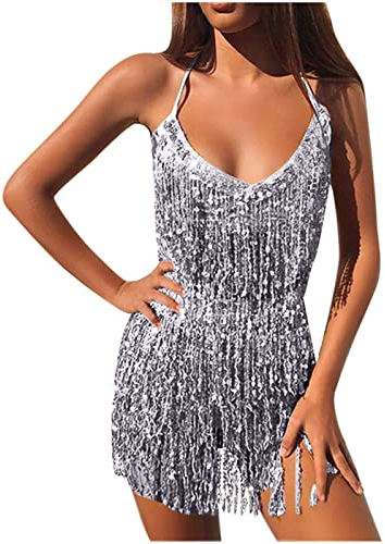 Damen Herbst Sommer Clubwear Rock Set Pailletten Glitzernde Fransen Sexy Boho Zweiteiliger Bleistift Formal Cocktail Club Petite Rock Set für Frauen, silber, Einheitsgröße