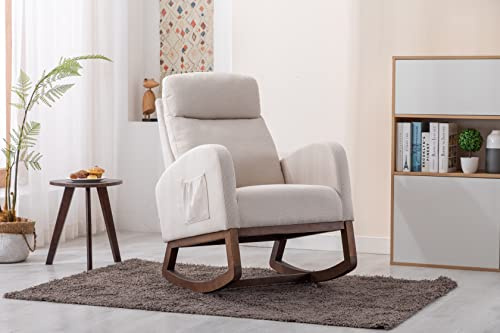 Hdxdkog Rocking Chair Nursery, Mid Century Modern Upholstered Fabric Nursery Rocking Chairs, Accent Rocker Armchair with High Back and Side Pocket for Living Room Baby Room Bedroom (Beige)