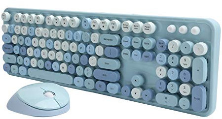 Kabellose 2,4 GHz Tastatur und Maus, mit USB Laufwerk Plug and Play, Ergonomisches Design, Retro Schreibmaschinen Stil, Tastatur Maus Set mit 104 Tasten für Laptop, PC, Computer(Blau bunt)