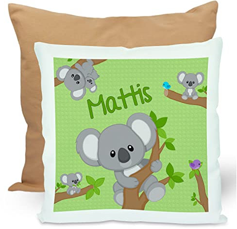 CreaDesign, Kinder Kissen 40x40 cm personalisiert mit Namen, Kinderzimmer Deko Kissen Kinder mit Füllung Federn, Motiv Koala Bär Junge, Rückenfarbe Beige
