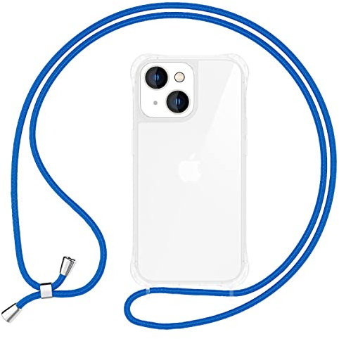 NALIA Klares Hybrid Cover mit Kette kompatibel mit iPhone 15 Hülle, Durchsichtig Robust Anti-Gelb Hardcase & Silikon Rahmen Verstärkte Ecken, Stoßfeste Schutzhülle mit Handykette, Farbe:Blau