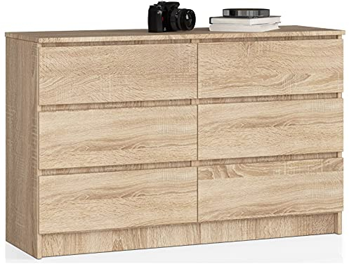 AKORD Kommode K-120 mit 6 (2 x 3) Schubladen | für das Wohnzimmer Schlafzimmer Schrank Büro Arbeitszimmer | Modernes Funktionales Design | B120 x H77 x T40 cm, Gewicht 43kg | Sonoma Eiche