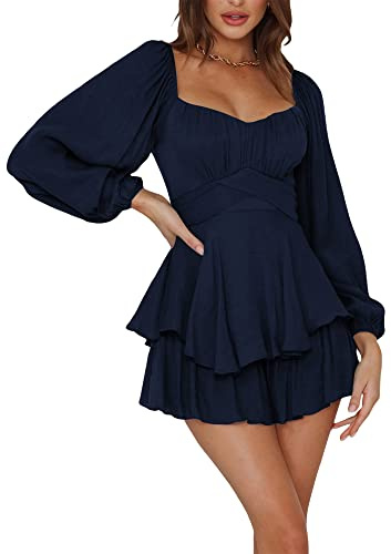 Women Puff Sleeve Square Neck Romper Dress Off Shoulder Ruffle Shorts Smocked Layered Flowy A Line MiniBeach Swing Dress Sundress (C-Navy Blue, S)