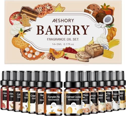 AESHORY Set de Aceites Esenciales de Panadería 14 x 5ML, Aceites Esenciales Aromaterapia para Humidificador Difusor, DIY- Pastel de Calabaza, Pastel de Café, Galleta de Avena, Pan de Jengibre
