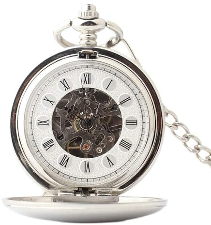 QUNINE Edelstahl Herren Taschenuhr Silber Handaufzug mechanische männliche Kettenuhren