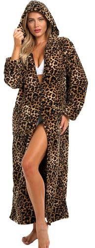 Alexander Del Rossa Lange Bademäntel mit Reißverschluss für Damen, Plüsch-Bademäntel mit Reißverschluss für Damen, Übergröße, Hausmantel für Damen, Reißverschluss vorne, Leoparden-Print, X-Large