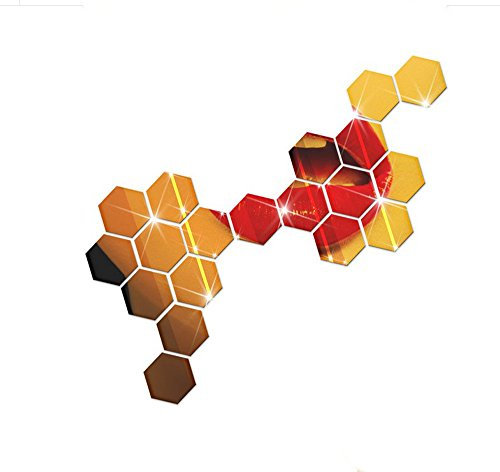 Wandsticker Wohnzimmer Deko Wand 12 Stücke 3D Spiegel Hexagon Vinyl Abnehmbare Wandaufkleber Aufkleber Home Decor Art DIY Kinderzimmer Fliesenaufkleber Bad (Gold, One Size)