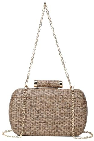Lebartm Umhängetasche Stroh Damen Korbtaschen Handtasche Handgewebte Clutch Geldbörse handgemachte Schultertasche Sommer Reisen Strandtasche mit Kette-Gray02