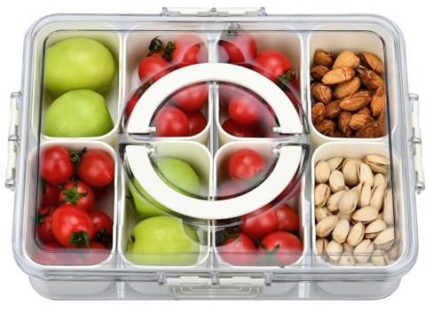 KINGOZOYI Bol à Collation avec Couvercle Boîte de Stockage de Fruits avec 8 Compartiments Plateau à Collations avec Couvercle et Poignée pour Garnitures Collations Biscuits Noix Fruits