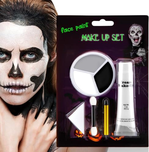 Beteligir Grey Black White Face Paint + 1PC Sponge + Brush+ Black Stick+ White Cream. Face Painting Kit for Halloween Skeleton Skull, Clown Cosplay, SFX Special Effect and Theme Parties (01) (01)
