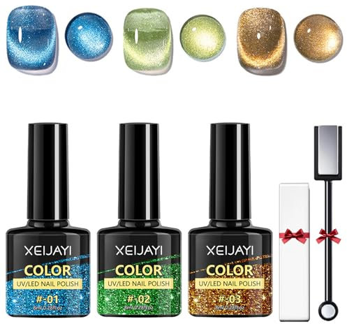 3 Farben UV Gel Nagellack Set - Magnetismus LED Cat Eye Nagelkunst Mit 2 Magneten - Bunt Lebendig DIY Nail Polish
