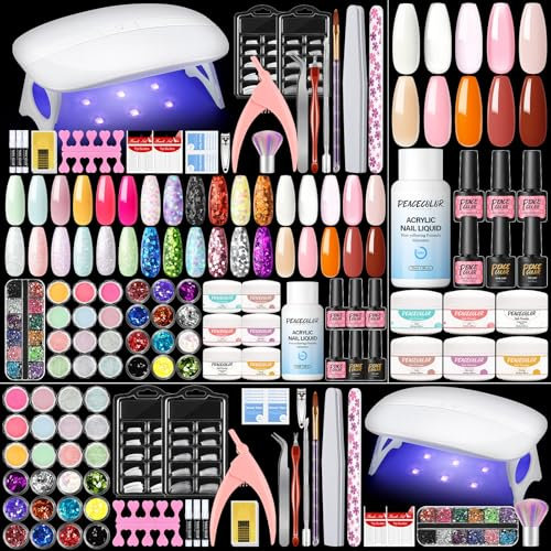 PEACECOLOR 37PCS Acrylic Nail Kit with Lamp, 6 Colors Acrylic Powder and Nail Liquid Monomer,4pcs Gel Nail Polish for Beginners DIY Salon Quality Nail Extension Set