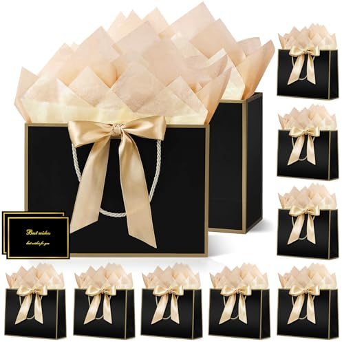 HONTIUS Sacs Cadeaux Pochette Cadeau, Lot de 10 Sac Cadeau Noir Noel 12.59 avec 10 Papiers Sydney 10 Cartes, 32 * 25 * 10cm Sac Cadeau Anniversaire pour Anniversaire, Cadeau, Fête, Mariage Noir