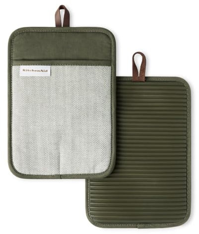 KITCHENAID® Evergreen Design Series Herringbone Ribbed Soft Silicone Pot Holders 2-Pack Set, Heat Resistant up to 500°F, Flexible & Waterproof, Deep Forest Green, 7x10