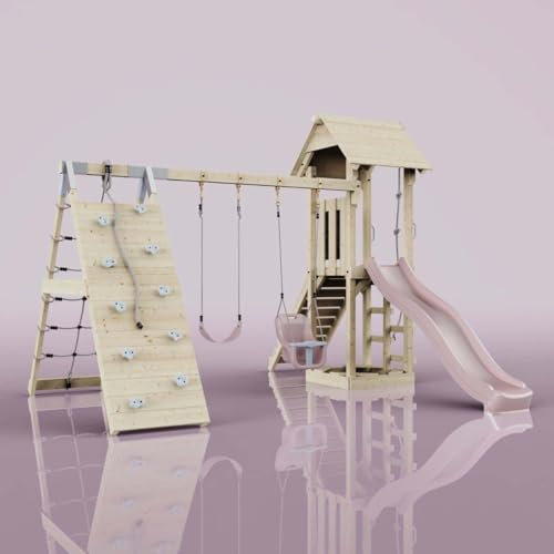 PolarPlay Spielturm Kiruna aus Holz in Rosa Babyschaukel