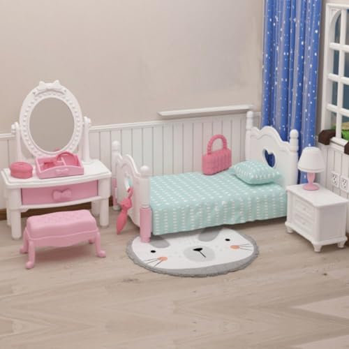 KARLOR Puppenhaus Möbel Set, 12 Stück Miniatur Möbel Set Rosa Bett Schminktisch Schrank Nachttisch Lampe Schmuckkästchen, Puppenhaus Zubehör 1:12 Puppenhaus Schlafzimmer Puppenmöbel Deko(Schlafzimmer)