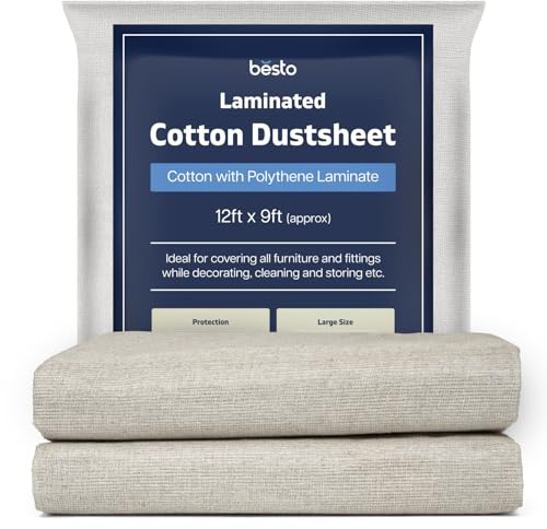 Pack of 2 Cotton Dust Sheets for Decorating, Waterproof 12ft x 9ft Dust Sheets Twill Laminated Polythene Backed Reusable Paint Sheets for Floor, Staircase
