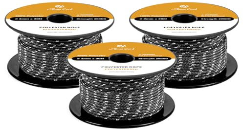 Abma Cord Polyesterseil 3mm x 30m Seil Geflochtene Schnur Reißfest für Outdoor, Boot, Festmacher, Zelt, Garten - Schwarz/Weiß
