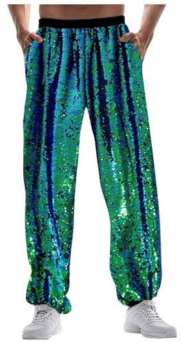 Beokeuioe Herren Jogginghose, Metallisch Hose, Hose Glänzend, Disco-Party Pailletten Hose Hippie Hose Glitzer Hose Metallic Trainingshose Gold Silber 70er/80er Jahre Party Rave Hose