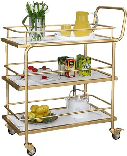 Gold Barwagen auf Rädern, 3-stöckiger Servierwagen mit feststellbaren Rollen, Küche Wohnzimmer Aufbewahrungswagen - Holz & Metall Material - Mehrzweckregal
