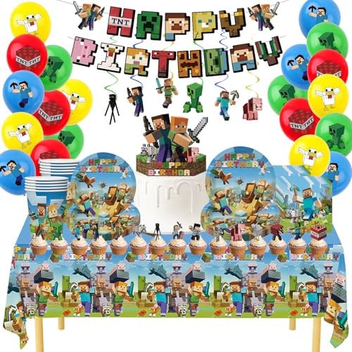 Boys Birthday Party Decorations Party Tableware Set for Kids Minecraft Party Decorations Boys Minecraft Birthday Decorations with Banner Balloons Table Cloth Paper Plates Cups Napkins Cake Toppers