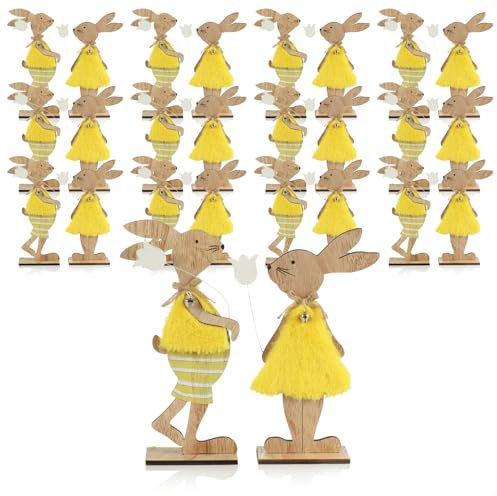 com-four® 24x Deko Aufsteller für Ostern - Hasen-Paar mit Blume - Osterhasen zum Hinstellen - Osterdekoration aus Holz mit Kunstfell (24 Stück - gelb/Hellbraun)