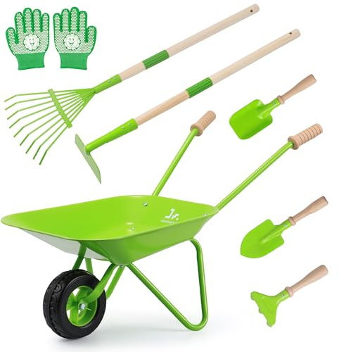 SainSmart Jr. Juego de carretilla para niños, 5 piezas, construcción de metal, carril de bicicleta infantil y equipo de jardín de infantes, guantes de jardín para niños, regalos para niños (verde)
