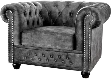 Barocker Sessel Chesterfield - grau - Samt Federkern-Polsterung Knopfheftung Lesesessel Ziernieten Armlehnensessel Chesterfield