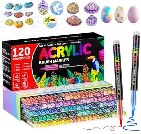 Sanyetral 120 Colors Acrylic Paint Pens,Paint Markers Brush Tips -Acrylic Pens for Rocks,Wood,Glass,Fabric & Paper,Shoes,Mugs Art Crafts Supplies Gift