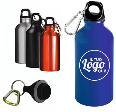pubblienne Set 10 Borracce Alluminio Personalizzate con Incisione Laser – 500ml con Moschettone, Tappo a Vite e Finitura Lucida (Blu, 10 pezzi)