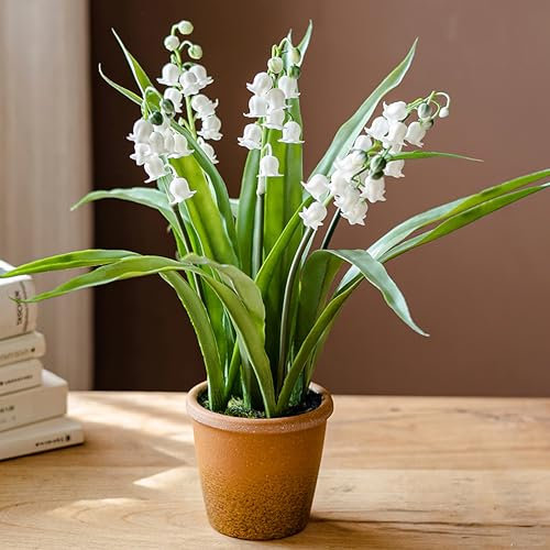 SYDDOL Artificial Lily of the Valley Plant in Pot, Small White Artificial Flowers Real Touch for Home Decor, Realistic Garden Plants for Outdoors, Artificial Lilies Flowers Indoor Outdoor Table