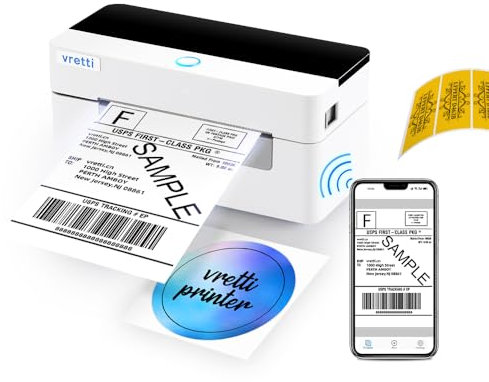 vretti Imprimante d'étiquettes, Imprimante Thermique Étiquette Autocollante 4x6,USB/WiFi Dual Band, avec 20 Piles de Papier Thermique, Compatible Amazon, Shopify,Colissimo, UPS,Linux