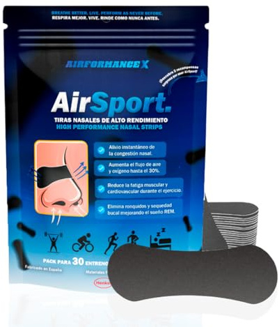 Tiras Nasales para Dormir y Deporte AirSport® 30 Uds Antironquidos Negras | Resistente al sudor, Sin residuo de pegamento, Tela transpirable, Talla adulto unica, 30 tiras, un mes de uso