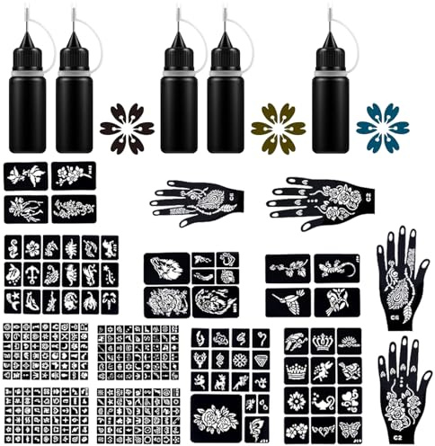 Henna Tattoo Kits 14 Blatt Henna Schablonen Glitter, Braun Sommersprossen, Natural Paste Kegel für Hochzeit Erwachsener DIY-Kunst Malerei Partygeschenke (A)