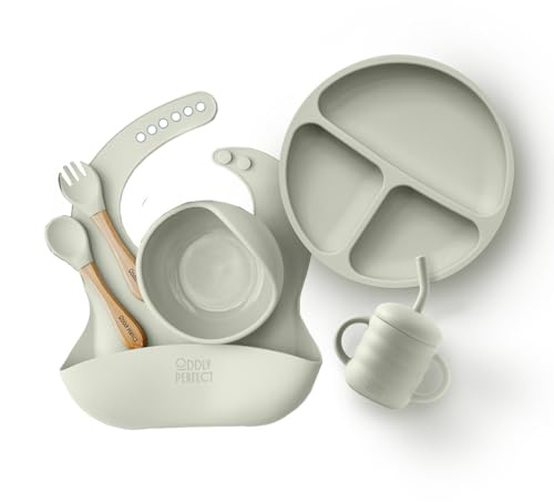 Silicone Baby Feeding Set – Suction Bowl & 3-Compartment Plate, Straw Cup, Bib with Food Catcher & Bamboo-Handle Spoon & Fork – BPA-Free Silicone Baby Mealtime Set (Sage)