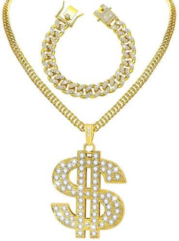 YUSHWENPTY Dollar Kette Set 2 Stück Dollar Zeichen Gold Chain Necklace Karnevalskette Hip Hop Rapper Punk 80s 90s Ketten Unisex für Karneval Mottoparty Disco Fasching Halloween Halskette Accessories