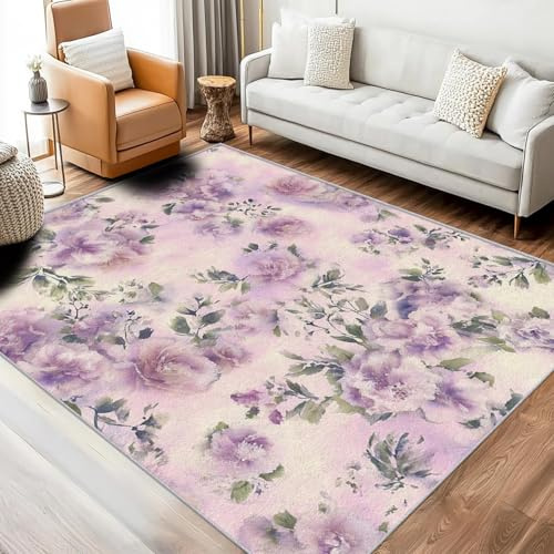 YEGRFJIS Lila Blumenteppich, waschbarer Kurzplüschteppich für Wohnzimmer, Blumen- und Blättermuster, Innenteppich, Dekoration für Zuhause und Schlafzimmer, weiches, rutschfestes, 180x290cm Lila