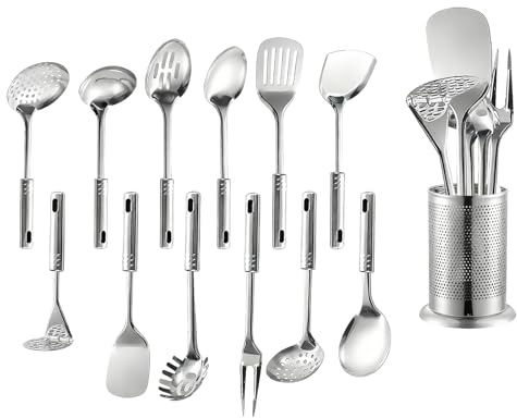 Kitchen Utensils Set 13pcs, Stainless Steel Cooking Utensil Set with Holder | Heavy Duty Kitchen Tools Spatulas Set, Home Essentials Kitchen Accessories, Great for Cooking, Baking Prepping