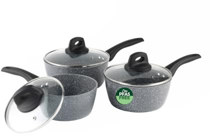 Salter Go Green Saucepan Set, 3 Piece, 16-20 Cm, with Lids | Thermo Collar Heat Indicator, Forged Aluminium, PFAS-Free Ceramic Non-Stick, Steam Vent Lids, Induction And All Hobs