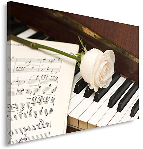 Feeby Bilder Musik Instrumente Klavier 70x50 cm Wohnzimmer Schlafzimmer Büro Flur Küche Wandbilder Modern Bild auf Leinwand Wanddekoration Kunstdruck Design Keyboards Noten Rose Weiß