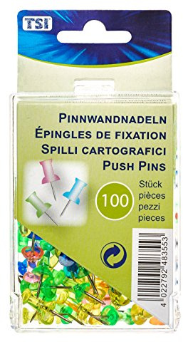TSI Pinnwandnadeln farbig transparent, 100 STK. in der praktischen Aufbewahrungsbox, Art. Nr. 48355