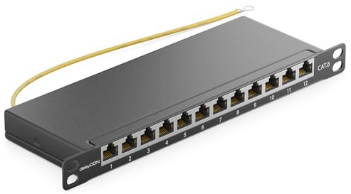 deleyCON CAT 6 0,5 HE Patchpanel Mini Verteilerfeld 12 Port - Desktop 10 Zoll Rackeinbau Servermontage RJ45 geschirmt TIA568A TIA568B RAL 9005 Schwarz