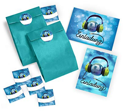 12 Einladungskarten Geburtstag Kinder Erwachsene Mädchen Jungen Jungs Disco-Party/Einladung Kindergeburtstag/Geburtstagseinladung incl. 12 Umschläge, 12 Tüten/blau, 12 Aufkleber