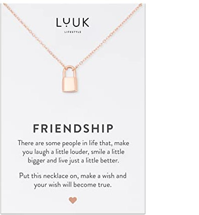 LUUK LIFESTYLE Edelstahl Kette mit Anhänger und Friendship Spruchkarte, Glücksbringer, Geschenk für die beste Freundin, trendy & filigran, Halskette mit Schloss I Vorhängeschloss, roségold