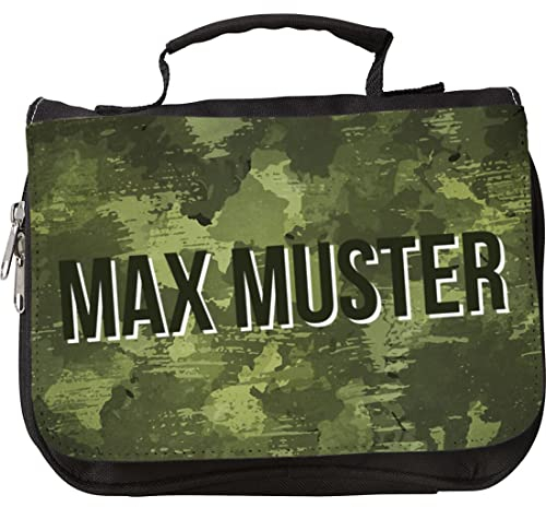 Manutextur Kulturbeutel mit Namen - personalisiert - Motiv Camouflage - Kulturbeutel - Größe 23x17x5 cm - persönliches Geschenk mit Wunsch-Motiv und Wunsch-Name