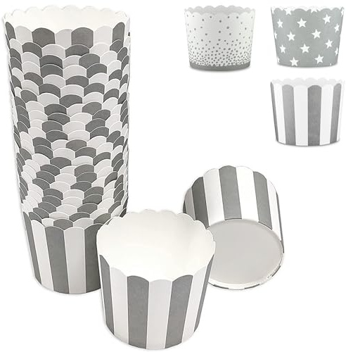 Frau WUNDERVoll® 100 Muffin Backformen, weiß-graue Streifen, Durchmesser 6,1 cm/Muffins Muffinbackform Muffinform Form Backförmchen Cupcake Formen Förmchen Papier Cupcakeformen