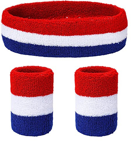 Yolev Gestreiftes Schweißband Set Sport Schweissband Armband Set (1 stirn Stirnband und 2 Armbänder) Schweißbänder für Sportliche Männer und Frauen (Stil F)