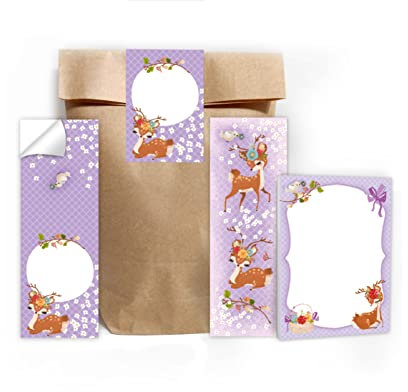 Junapack 12 Lesezeichen + 12 Mini-Notizblöcke + 12 Geschenktüten (Natur) + 12 Aufkleber REH Mitgebsel Gastgeschenk beim Kindergeburtstag Mädchen