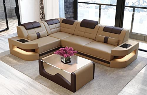 Sofa Dreams Ecksofa Como L Form Ledersofa - mit LED Beleuchtung, verstellbare Kopfstützen, Lederfarben wählbar/Ausrichtung wählbar (Ecke Links, Sandbeige-Dunkelbraun)